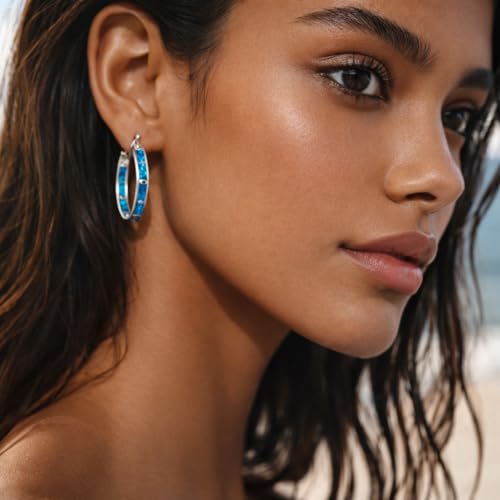 Blue Fire Opal Hoop Earrings for Women – Silver-Plated Inlay Hoops – Lightweight Boho Earrings – Ocean Style Jewelry Gift