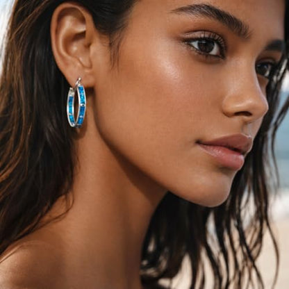Blue Fire Opal Hoop Earrings for Women – Silver-Plated Inlay Hoops – Lightweight Boho Earrings – Ocean Style Jewelry Gift
