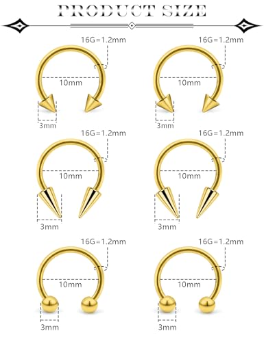 6Pcs Septum Rings 16G Surgical Steel Snake Bite Jewelry Long Spike Horseshoe Lip Rings Smiley Piercing Jewelry for Women Men 8mm 10mm - color: 16g,Diameter:10mm,goldtone