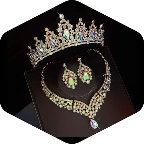 Kamirola Bridal Wedding Tiara Crown Jewelry Set for Women/Brides/Bridesmaids Crystal Jewelry Set for Wedding Prom Party Bridal Crystal Necklace Earrings Bracelet Set(TR60) - color: Gold AB