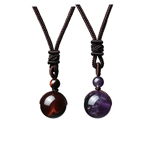Jovivi Healing Crystals Necklace Natural Tiger Eye Amethyst Lucky Blessing Protection Chakra Beads Stone Pendant for Women Men Adjustable - color: Red Tiger Eye+Amethyst 2pcs