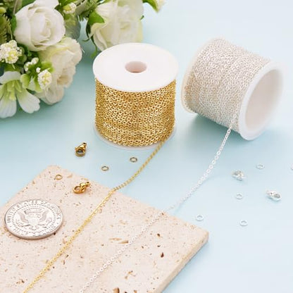Kyutong 65.6 Feet Stainless Steel Jewelry Making Chains Spool for Crafting | 2 Rolls Cross Cable Chain Links Gold Silver DIY Jewelry Supplies with Lobster Clasps Jump Rings for DIY Handcraft - color: Cable Chain