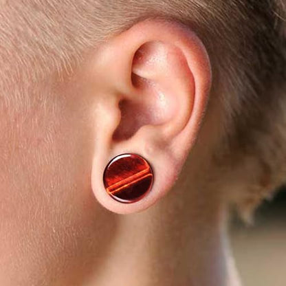 Pair of 5/8 INCH 16MM Natural Red Tiger Eye Stone Saddle Plug Double Flare Ear Lobe Plugs E549 - style: 5/8 Inch(16mm)