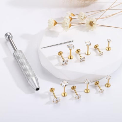 18G 16G Hypoallergenic Surgical Stainless Steel Internal Thread Tragus Labret Cartilage CZ Stud Piercing Jewelry Helix Cartilage Conch Nose Lip Labret Medusa Piercingenic Be Equipped With Piercing Ball Grabber Tool Flat Back Stud Earrings for Women Men -