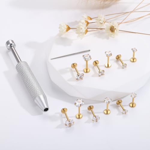 18G 16G Hypoallergenic Surgical Stainless Steel Internal Thread Tragus Labret Cartilage CZ Stud Piercing Jewelry Helix Cartilage Conch Nose Lip Labret Medusa Piercingenic Be Equipped With Piercing Ball Grabber Tool Flat Back Stud Earrings for Women Men -