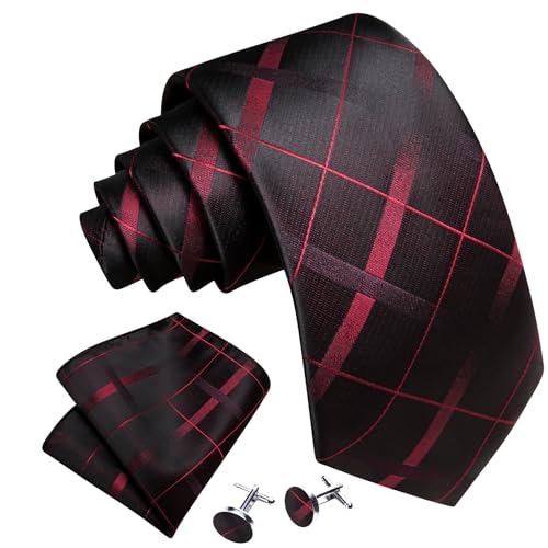 YOHOWA Men Plaid/Striped Ties Clip Set Silk Necktie Pocket Square Cufflinks | Woven Classic,Formal/Casual Mens Tie,Pocket Square Cufflinks Set,Luxury,Business,Wedding,Party,Prom,Graduation - color: Black Red