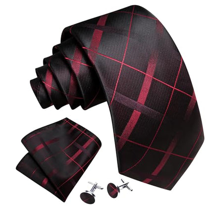 YOHOWA Men Plaid/Striped Ties Clip Set Silk Necktie Pocket Square Cufflinks | Woven Classic,Formal/Casual Mens Tie,Pocket Square Cufflinks Set,Luxury,Business,Wedding,Party,Prom,Graduation - color: Black Red