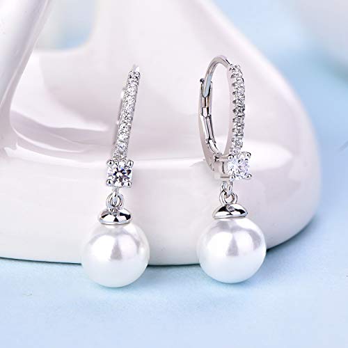JO WISDOM 925 Sterling Silver Freshwater Pearl Hoop Earrings with Dangle Real Pearl,Simulated Pearls - color: B-8mm white pearl,round shape