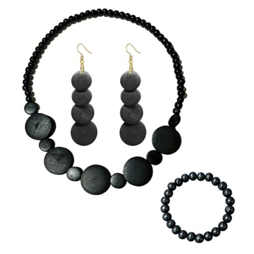ONLYJUMP Colorful Ethnic Wooden Jewelry Set for Women Round Statement Dangle Earrings Multilayered Geometric Beaded Bracelet Necklace Exaggerated Tribal Style Jewelry - color: Black