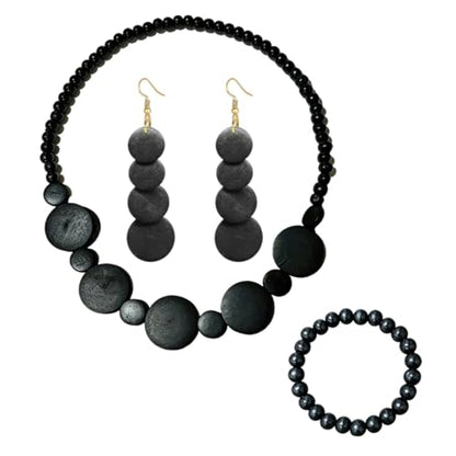ONLYJUMP Colorful Ethnic Wooden Jewelry Set for Women Round Statement Dangle Earrings Multilayered Geometric Beaded Bracelet Necklace Exaggerated Tribal Style Jewelry - color: Black
