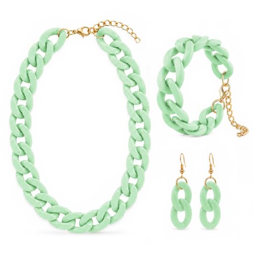 3 Pcs Acrylic Chunky Necklace Bracelet Earrings Set for Women, Bold Cuban Link Choker Necklace, Colorful Statement Jewelry Accessories for Party Outfit - color: Green