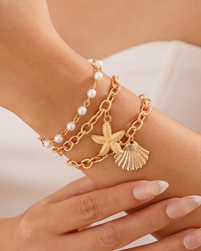 Shell Bracelets for Women Layered Seashell Starfish Bracelets Stackable Stretch Boho Beaded Bracelet Summer Beach Surfer Bracelet Seaside Beach Dress Outfits Accessories - color: B4:gold shell bracelets