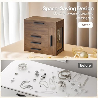 HOOBRO Jewelry Box with Mirror, Wooden Jewelry Organizer Box with Side Clear Acrylic Panel, Large Jewelry Case for Earrings, Necklaces, Rings, Watches, Walnut BH22JB04
