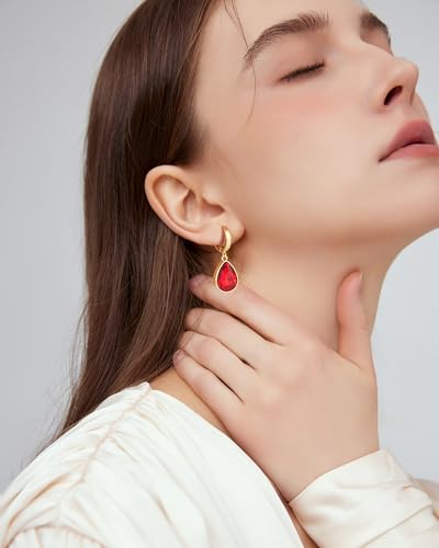 Crystals Teardrop Dangle Drop Earrings, 18K Gold Plated Hoop Earrings Zirconia Jewelry for Women Gifts - color: Red