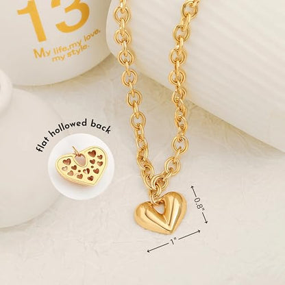 18k Gold Plated Chain Link Necklace for Women, Baroque Pearl/Compass Pendant Necklace - color: 3D Heart