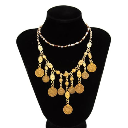 Boho Coin Charm Necklace for Women Layered Gold Coin Beaded Pendant Necklace Pirate Necklace Chunky Coins Tassel Ethnic Gypsy Costume Accessories - style: A.