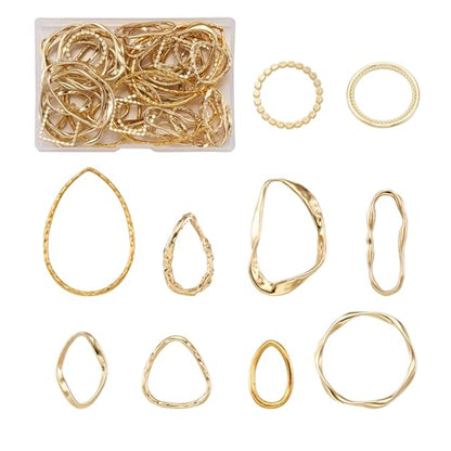 Elecrelive 54Pcs Golden Hollow Frame Pendants Twist Linking Rings 9 Styles | Open Bezel Charm Connectors Earring Beading Hoop Stainless Steel Link Ring for Earrings Bracelet Necklace Macrame Making - color: Golden 10 Styles