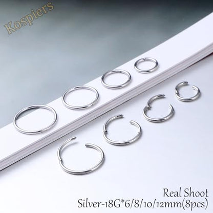 Nose Rings 20G 18G 16G 316L Surgical Steel Hinged Clicker Segment Nose Hoop Helix Cartilage Daith Tragus Sleeper Earrings Body Lip Piercing Jewelry for Women Men 6mm 7mm 8mm 10mm 12mm - style: 01:Silver-18G*6/8/10/12mm(8pcs)