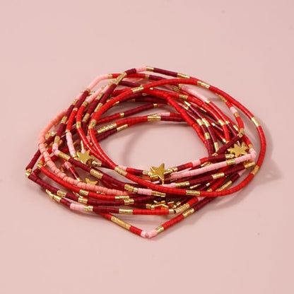 Gold Beaded Bracelets Stack for Women Stocking Stuffers 12PCS Boho Gold Plated Seed Beads Bracelet Stretch Star Stackable Accessories Jewelry Friendship Fall Christmas Gifts for Women - color: Red