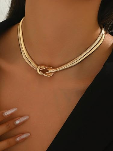 Gold Snake Chain Knot Choker for Women Double Strand Twisted Herringbone Pendant Necklace Fashion Jewelry Accessory - color: Gold Snake Chain Knot Choker