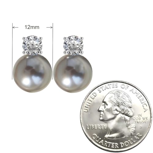 Faux Pearl Cubic Zirconia Stud Earrings, Hypoallergenic Lightweight Round Pearl Studs for Women - color: Platinum Grey, size: Pearl 12mm-CZ 6mm
