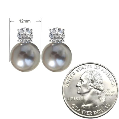 Faux Pearl Cubic Zirconia Stud Earrings, Hypoallergenic Lightweight Round Pearl Studs for Women - color: Platinum Grey, size: Pearl 12mm-CZ 6mm