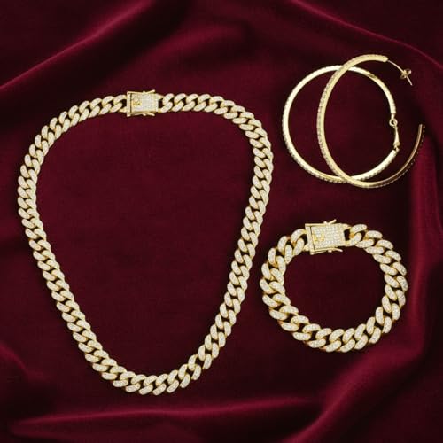Batiyeer 3 Pcs Cuban Link Chain Necklace Bracelet Rhinestone Hoop Earrings Bling Crystal Hip Hop Jewelry for Women(16 Inch,Gold) - color: Gold, size: 16 Inch