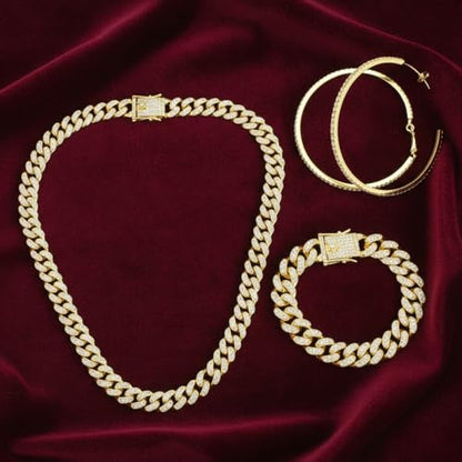 Batiyeer 3 Pcs Cuban Link Chain Necklace Bracelet Rhinestone Hoop Earrings Bling Crystal Hip Hop Jewelry for Women(16 Inch,Gold) - color: Gold, size: 16 Inch