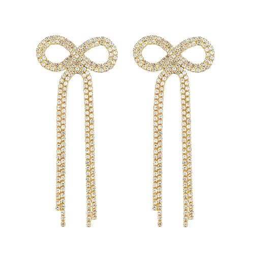 Rhinestone Earrings Dangling for Women Sparkly Silver Dangle Earrings Girls Long Chandelier Earrings Tassel Lightweight Ear Studs Cubic Zirconia (KE001S-W) - color: Bow 516286GL Gold Clear