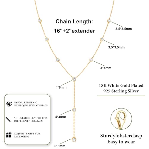 LANE WOODS Moissanite Lariat Necklace for Women, 925 Sterling Silver Y Necklace with Teardrop Pendant, Dainty Gold Plated Drop Necklace 16+2 Inch Adjustable Chain, Bridal Wedding Prom Jewelry - color: gold
