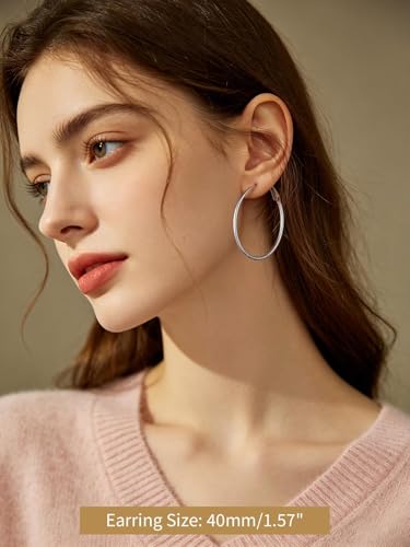 FindChic Thin Hoop Earrings for Women,Silver/Black/Gold Plated 20-100mm - color: Silver, size: 40mm