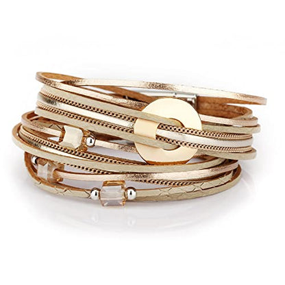 leather wrap bracelets for women, boho leopard multi-layer crystal cuff bracelet jewelry A),B38:Metal Disc(Gold),A