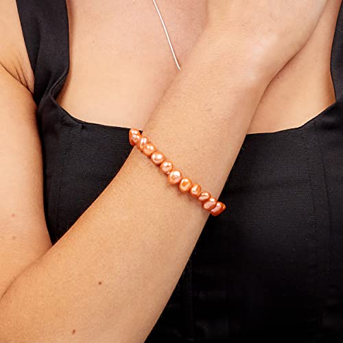 Handmade Women's Pearl Bracelet | Stretchy Beaded 8-9mm Baroque Pearl Bracelet for Ladies and Girls - Pink, Black, White, Grey, Multicolor - color: Orrange