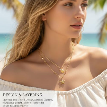 Gold-plating Necklaces for Women, Pearl Seashell Flower Pendant Necklace, Boho Lariat Long Necklace Set, Trendy Summer Beach Jewelry - color: Gold 3
