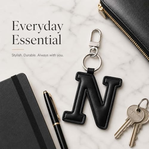 Initial Letter Keychain,Stainless Steel,Colorful Faux Leather Keyring for Backpack,Purse,Car Keys,Gift for Men Women - color: N