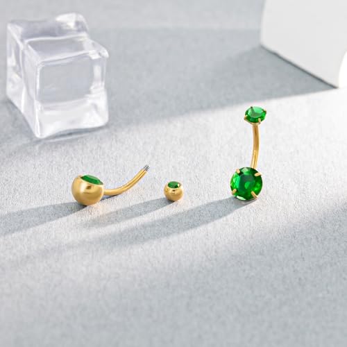 2pcs 14k Gold Filled Belly Button Rings, 14G 8mm/10mm/12mm Threaded Barbell Belly Button Piercing, Navel Ring Piercing Jewelry - color: 14K GF-2pcs-Green Round CZ-10mm