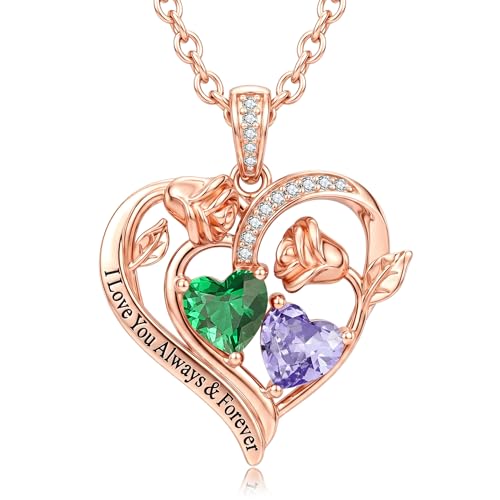 Double Birthstone Necklace for Women Rose Gold Heart Pendant | Flower Necklace Romantic Jewelry Anniversary Wedding Engagement Birthday Gifts for Women Wife Mom 18"+2" adjustable Chain