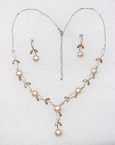 Faship Genuine Freshwater Pearls Floral Necklace Earrings Set | Premium CZ Crystal, Gorgeous, Sparkling - color: Brown