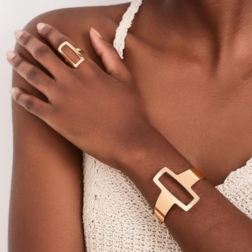 GIGB PBDK Chunky 14K Gold Ring Bracelet Set Punk Exaggerated Open Cuff Bracelets Geometric Simple Hollow Rectangle Ring Jewelry Set Presents for Women Wife