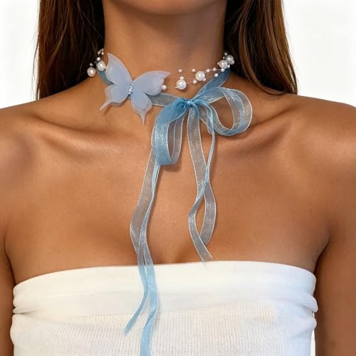 Lace Butterfly Necklace Dainty Pearl Beaded Bow Tie Ribbon Necklaces Long Elegant Lace Fairy Tassel Choker White Black Pink Blue Butterfly Choker Necklaces Cute Butterfly Jewelry Y2K Aesthetic Jewlery for Wedding Party Prom - color: Blue