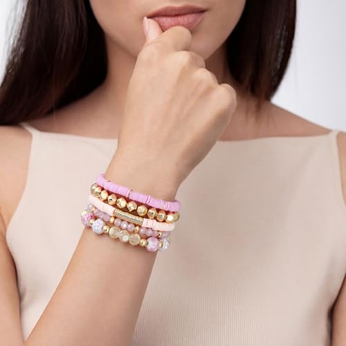 Summer Surfer Heishi Bracelet Set for Women Stackable Gold Plated Clay Ploymer Bead Stretch Pink Beach Layering Bracelets Jewelry - color: B-A3