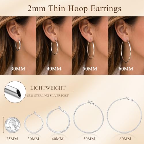 2MM S925 Sterling Silver Hoop Earrings Thin Gold Large Hoop Earring Lightweight Hypoallergenic Big Silver Thin Hoops Earring Gold Hoops Earrings for Women 30/40/50/60 MM - color: 40mm-Silver