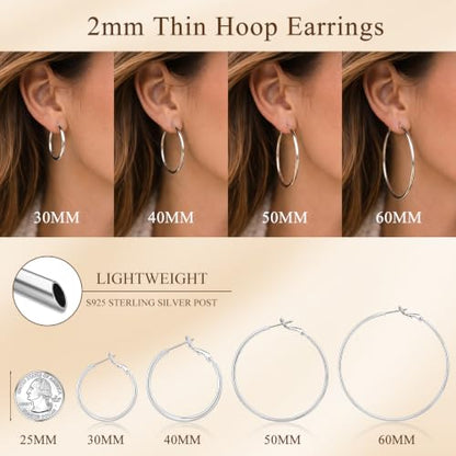 2MM S925 Sterling Silver Hoop Earrings Thin Gold Large Hoop Earring Lightweight Hypoallergenic Big Silver Thin Hoops Earring Gold Hoops Earrings for Women 30/40/50/60 MM - color: 40mm-Silver