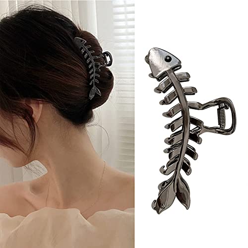 Hair Clip - Metal Black Fish Bone Shape Hair Clip - 4.3 inch - Hairpin Claw Clip for Women and Girls - Large Fishbone Claw Clip Hair Accessory - Mysterious Black - color: Black Fishbone