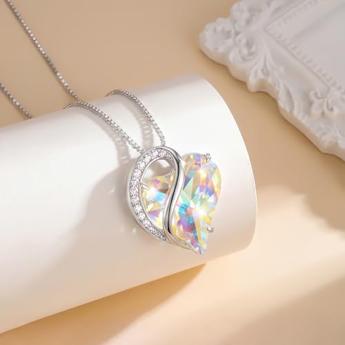 Crystal Heart Necklace for Women - Quietrose Faceted Crystal Heart Pendant with Sparkle Accents, Silver-Tone Curved Frame, 0.85" x 0.73", 18+2" Adjustable Chain, Elegant Gift for Her - color: Iridescent - Starlit Aurora