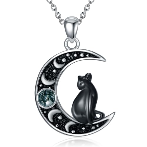 Witch Necklace 925 Sterling Silver Pentagram Triple Moon Pentacle Pendant Wiccan Pagan Jewelry Witchy Gifts for Women - style: Black Cat-1