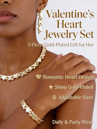 Women's Gold wedding Jewelry Set Tricolor Hugs Kisses Heart necklace set - color: Gold
