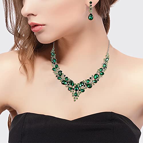 Wedding Bridal Jewelry Set for Women Bride Bridesmaids | Gorgeous Austrian Crystal Teardrop Cluster Statement Necklace Dangle Earrings Link Bracelet Set Prom Jewellery - color: 04-Emerald Color Silver-Tone