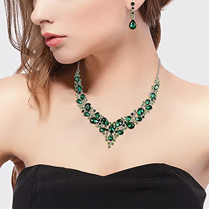 Wedding Bridal Jewelry Set for Women Bride Bridesmaids | Gorgeous Austrian Crystal Teardrop Cluster Statement Necklace Dangle Earrings Link Bracelet Set Prom Jewellery - color: 04-Emerald Color Silver-Tone