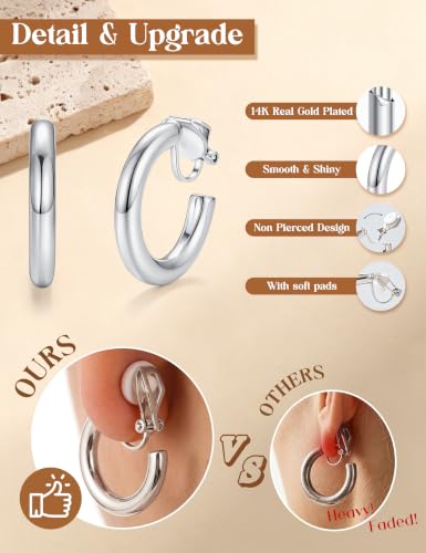 Giovanchi 3Pairs Clip on Earrings for Women with Non-Pierced Ears - Trendy Hypoallergenic 14K Gold Plated Chunky Tube Croissant Waterdrop Clip on Hoop Earrings - style: B-Silver